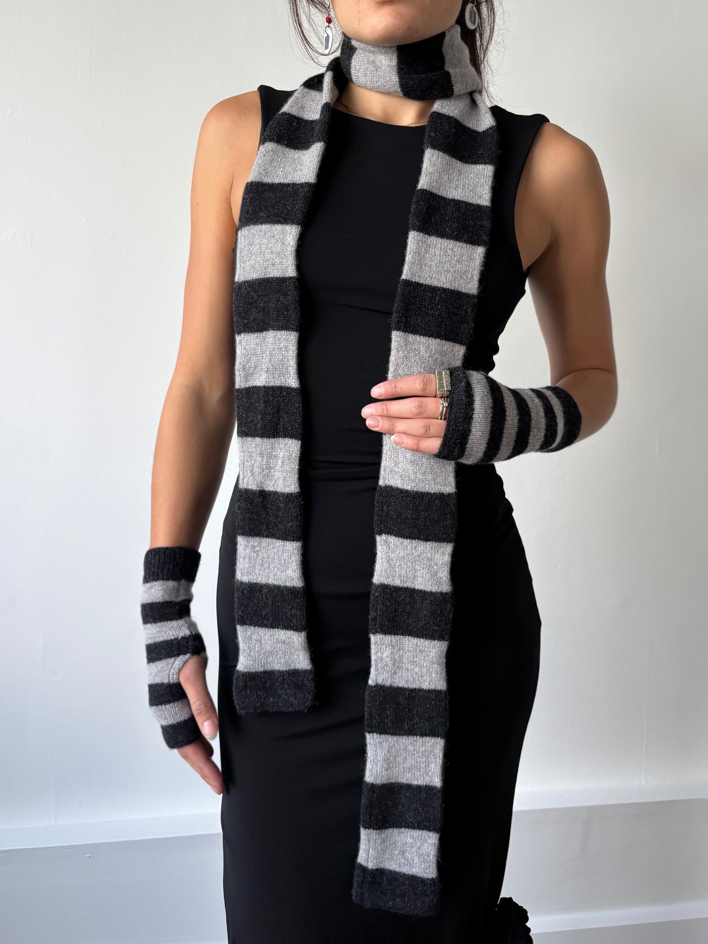 Charcoal & Light Grey Striped Fingerless Gloves