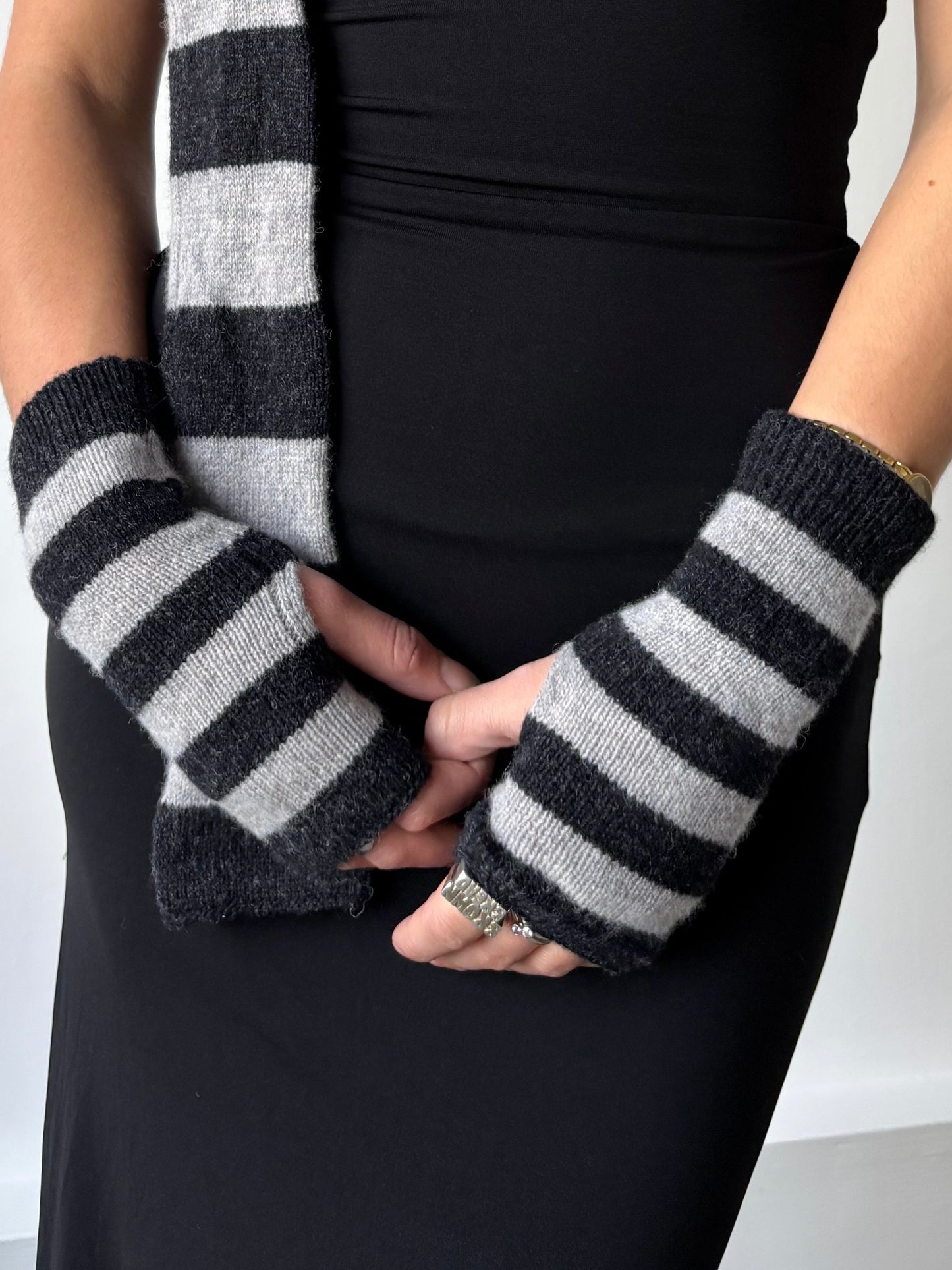 Charcoal & Light Grey Striped Fingerless Gloves